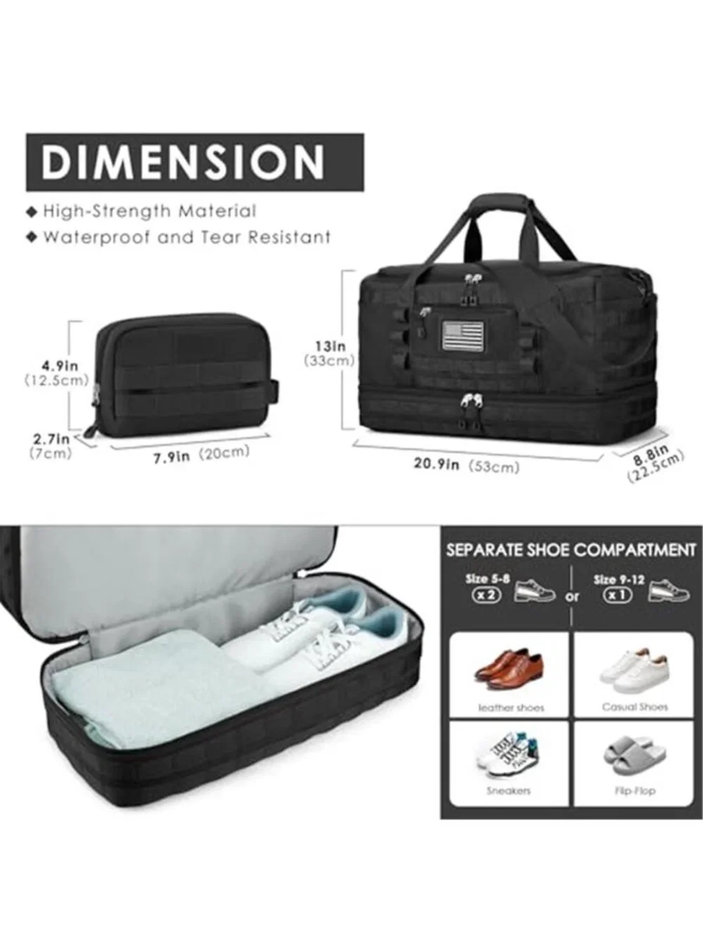 Men's Gym Bag Tactical Travel Duffle Bag with Toiletry Bag and Shoe Compartment